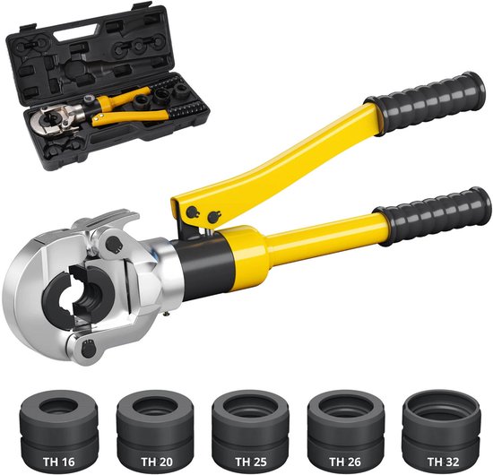 Pince à sertir jaune avec poignées noires et coffret, avec mâchoires de sertissage TH 16, TH 20, TH 25, TH 26, TH 32.