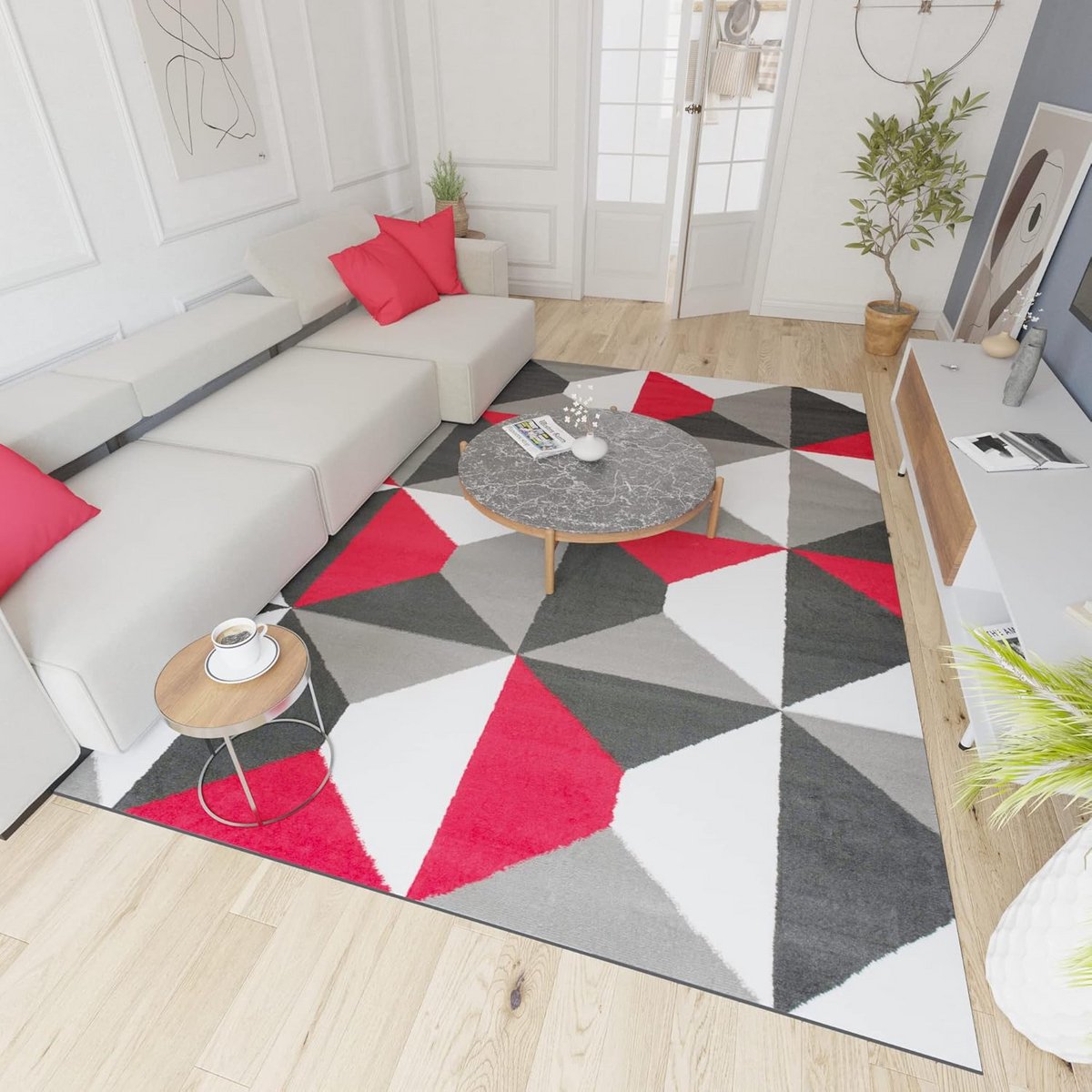Tapijt Modern Design - Korte Pool - 300x400 cm - Grijs Rood - OEKO-TEX® Gecertificeerd - G