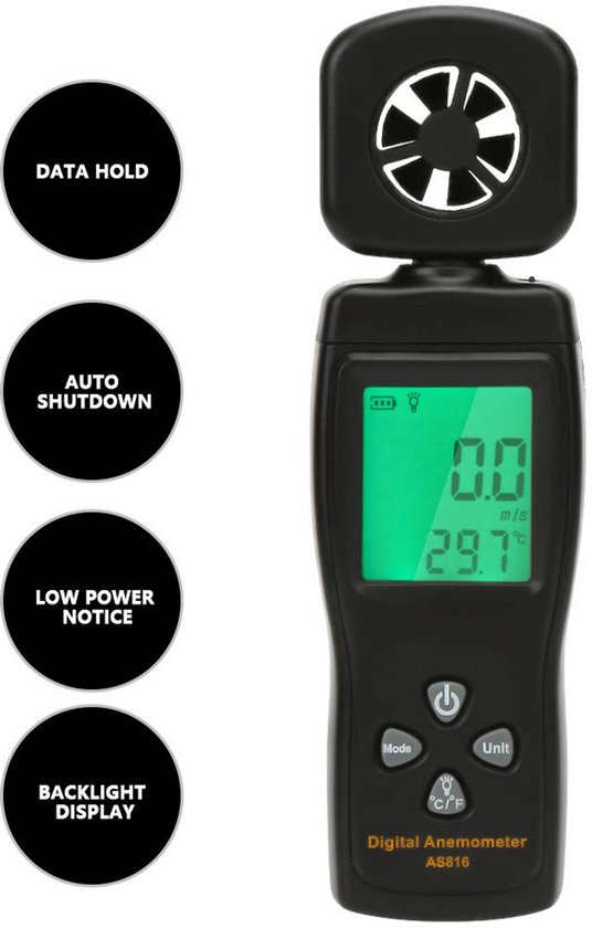 Digitale Windmeter 2 in 1 - Windsnelheid en Temperatuurmeting met LCD Backlight - 0,3-30 m/s - m/s, ft/min, km/h, mph - Celsius/Fahrenheit - Automatisch Uitschakelen - Laag Batterij Waarschuwing - Voor Weerexperimenten en Buitentoepassingen van Merkloos — afbeelding 3