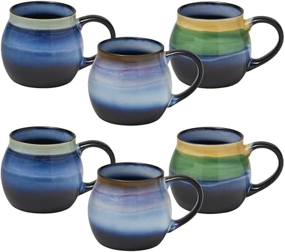 Set van 6 Grote Mokken 470ml - Steengoed met Gekleurde Rand - Vaatwasmachinebestendig