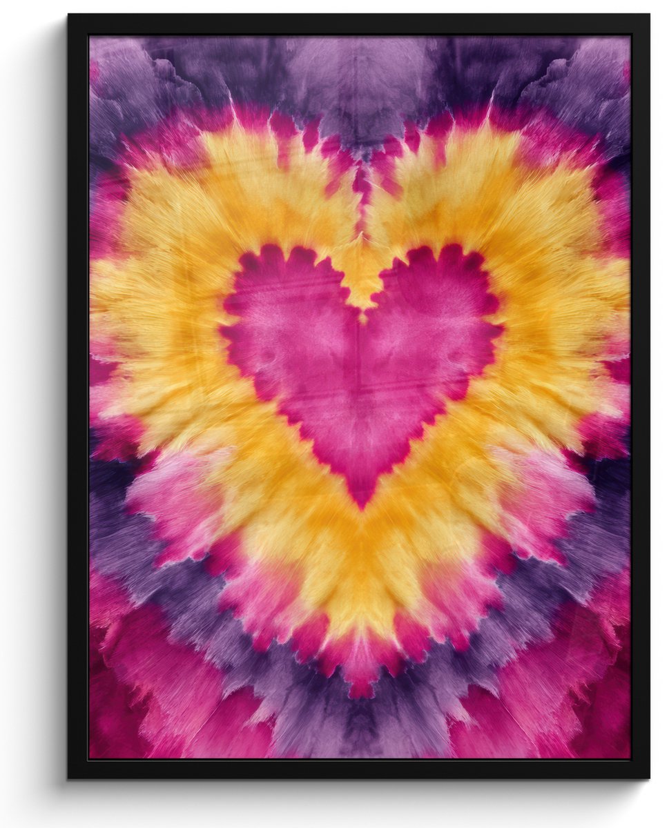 FrameYourWall Poster in lijst - Fotolijst 50x70 cm - Posters - Tie dye - Hartvorm - Vlammen - Oranje - Posterlijst zwart - Decoratie - Wanddecoratie woonkamer - Muurdecoratie slaapkamer