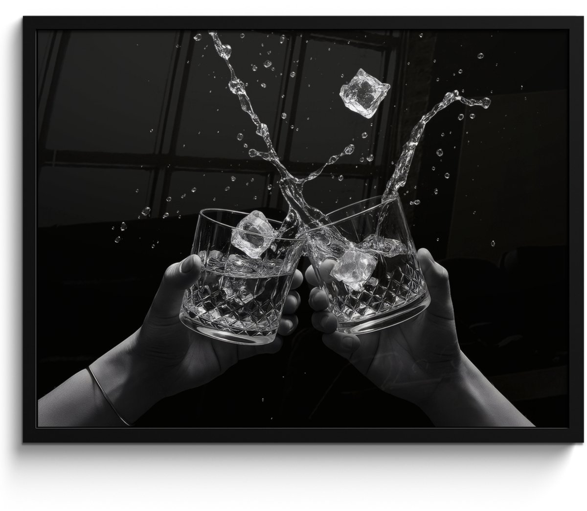 FrameYourWall Poster in lijst - Fotolijst 70x50 cm - Posters - Whiskyglazen - Ijs - Spetters - Zwart - Posterlijst zwart - Decoratie - Wanddecoratie woonkamer - Muurdecoratie slaapkamer Glazen - Spetters