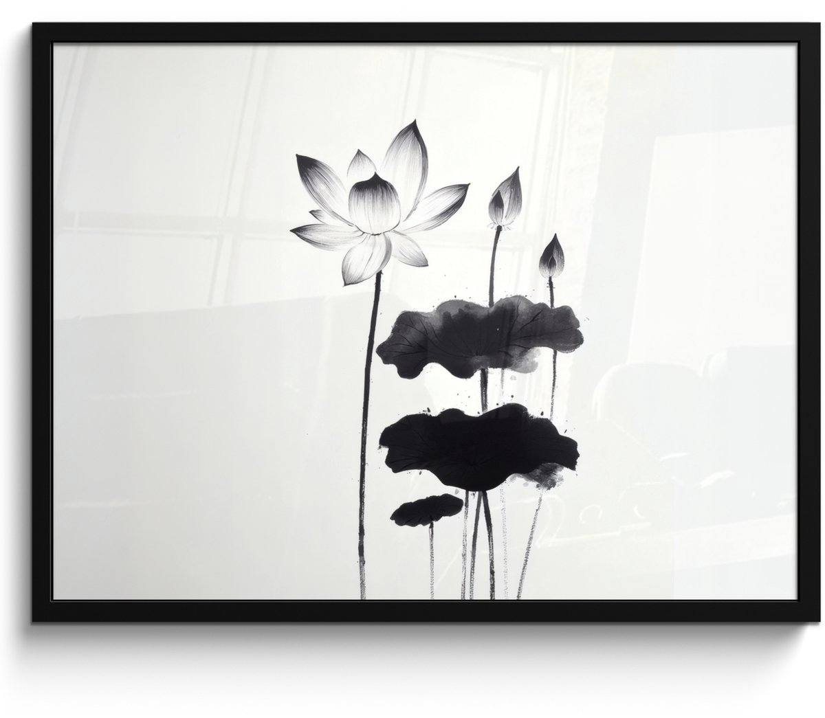 FrameYourWall Poster in lijst - Fotolijst 70x50 cm - Posters - Bladeren - Zwart - Lotusbloem - Minimalitisch - Posterlijst zwart - Decoratie - Wanddecoratie woonkamer - Muurdecoratie slaapkamer Bladeren - Lotusbloem