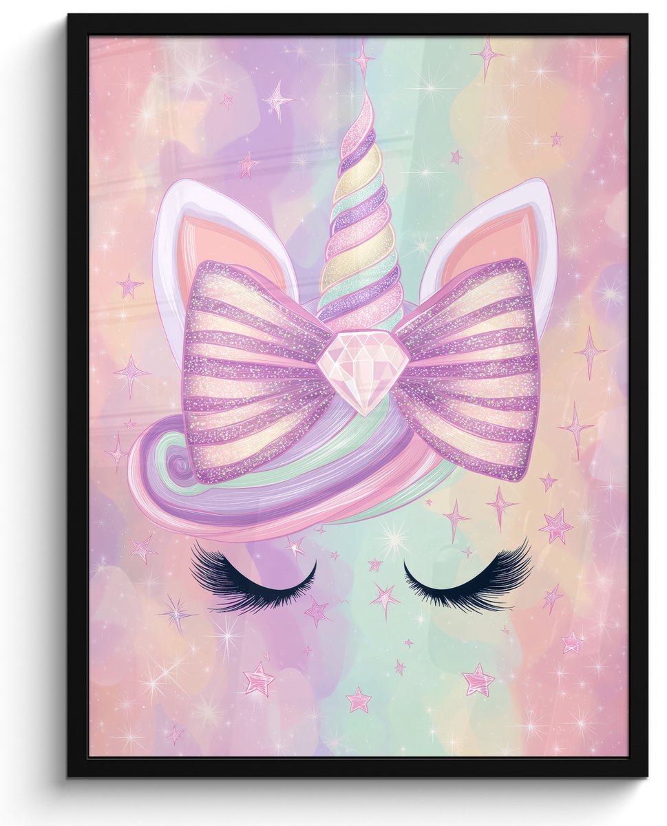 FrameYourWall Poster in lijst - Fotolijst 50x70 cm - Posters - Eenhoorn - Glitters - Regenboog - Pastel - Posterlijst zwart - Decoratie - Wanddecoratie woonkamer - Muurdecoratie slaapkamer