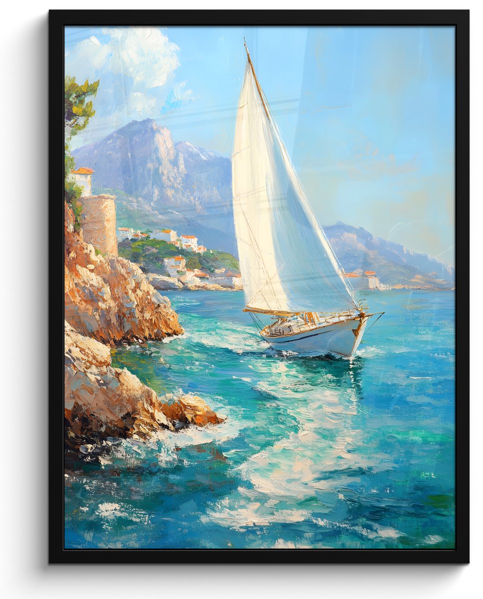 FrameYourWall Poster in lijst - Fotolijst 50x70 cm - Posters - Zeilboot - Rotsen - Kust - Huizen - Posterlijst zwart - Decoratie - Wanddecoratie woonkamer - Muurdecoratie slaapkamer Zeilboot - Huizen - Rotsen