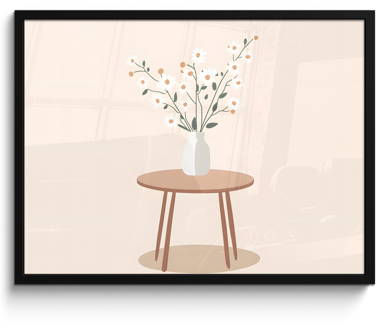 FrameYourWall Poster in lijst - Fotolijst 70x50 cm - Posters - Vaas - Bloemen - Madeliefjes - Beige - Posterlijst zwart - Decoratie - Wanddecoratie woonkamer - Muurdecoratie slaapkamer Tafeltje - Bloemen