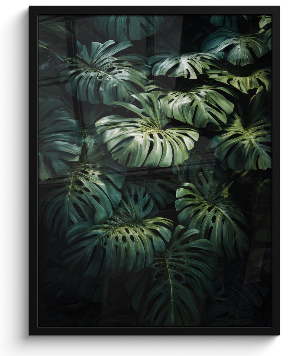 FrameYourWall Poster in lijst - Fotolijst 50x70 cm - Posters - Plant - Monstera - Lichtinval - Posterlijst zwart - Decoratie - Wanddecoratie woonkamer - Muurdecoratie slaapkamer Bladeren - Glad