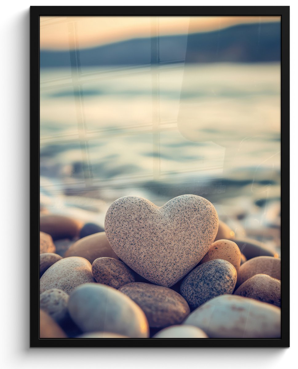 FrameYourWall Poster in lijst - Fotolijst 50x70 cm - Posters - Hart - Stenen - Natuur - Keien - Zen - Kiezelstenen - Posterlijst zwart - Decoratie - Wanddecoratie woonkamer - Muurdecoratie slaapkamer