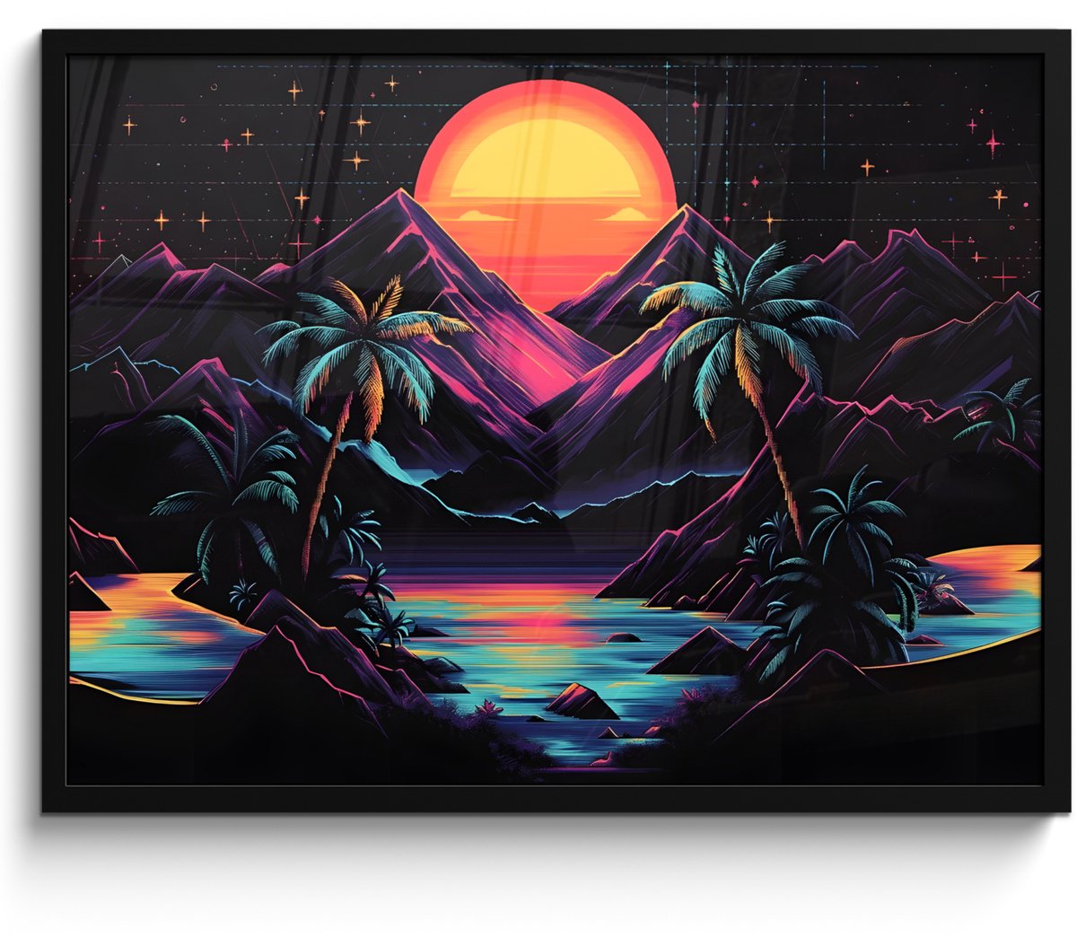 FrameYourWall Poster in lijst - Fotolijst 70x50 cm - Posters - Palmbomen - Neonbergen - Sterrenhemel - Zon - Posterlijst zwart - Decoratie - Wanddecoratie woonkamer - Muurdecoratie slaapkamer Palmbomen - Neonbergen - Zon
