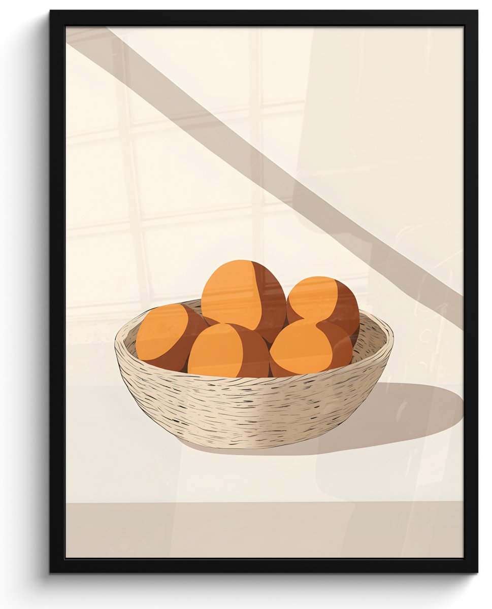 FrameYourWall Poster in lijst - Fotolijst 50x70 cm - Posters - Mand - Fruit - Minimalistisch - Oranje - Posterlijst zwart - Decoratie - Wanddecoratie woonkamer - Muurdecoratie slaapkamer Fruitschaal