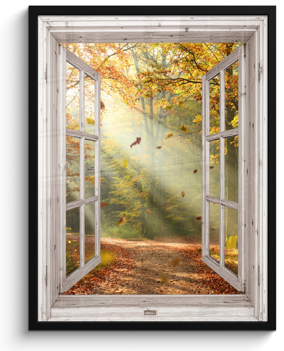 FrameYourWall Poster in lijst - Fotolijst 50x70 cm - Posters - Bos - Bomen - Herfst - Zon - Herfstbladeren - Natuur - Doorkijk - Posterlijst zwart - Decoratie - Wanddecoratie woonkamer - Muurdecoratie slaapkamer