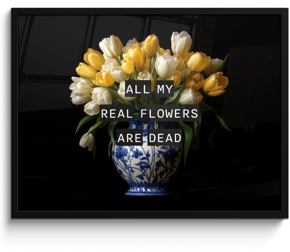 FrameYourWall Poster in lijst - Fotolijst 70x50 cm - Posters - Quotes - Bloem - Tulp - Geel - Posterlijst zwart - Decoratie - Wanddecoratie woonkamer - Muurdecoratie slaapkamer Tulpen - Geel - Quote