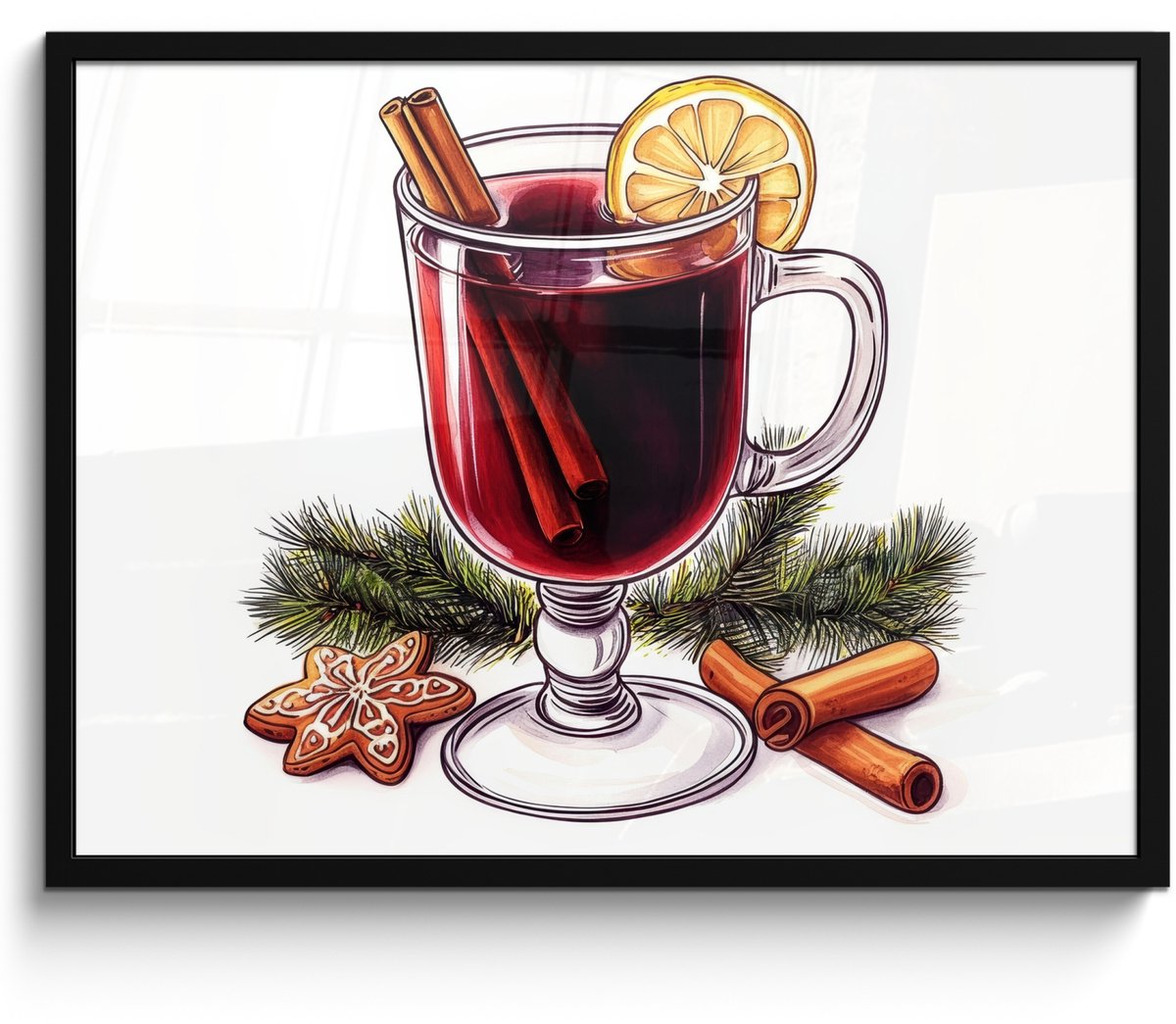 FrameYourWall Poster in lijst - Fotolijst 70x50 cm - Posters - Wijn - Drinken - Gluhwein - Winter - Illustratie - Kerst - Posterlijst zwart - Decoratie - Wanddecoratie woonkamer - Muurdecoratie slaapkamer - Kerstversiering - Kerstdecoratie voor binnen - Kerstmis Winter - Glühwein