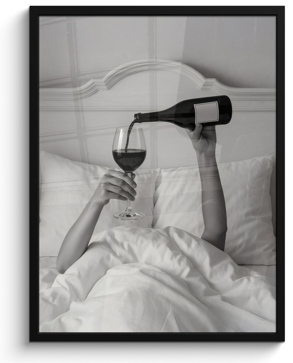FrameYourWall Poster in lijst - Fotolijst 50x70 cm - Posters - Lakens - Armen - Wijn - Glas - Posterlijst zwart - Decoratie - Wanddecoratie woonkamer - Muurdecoratie slaapkamer Bed - Wijn