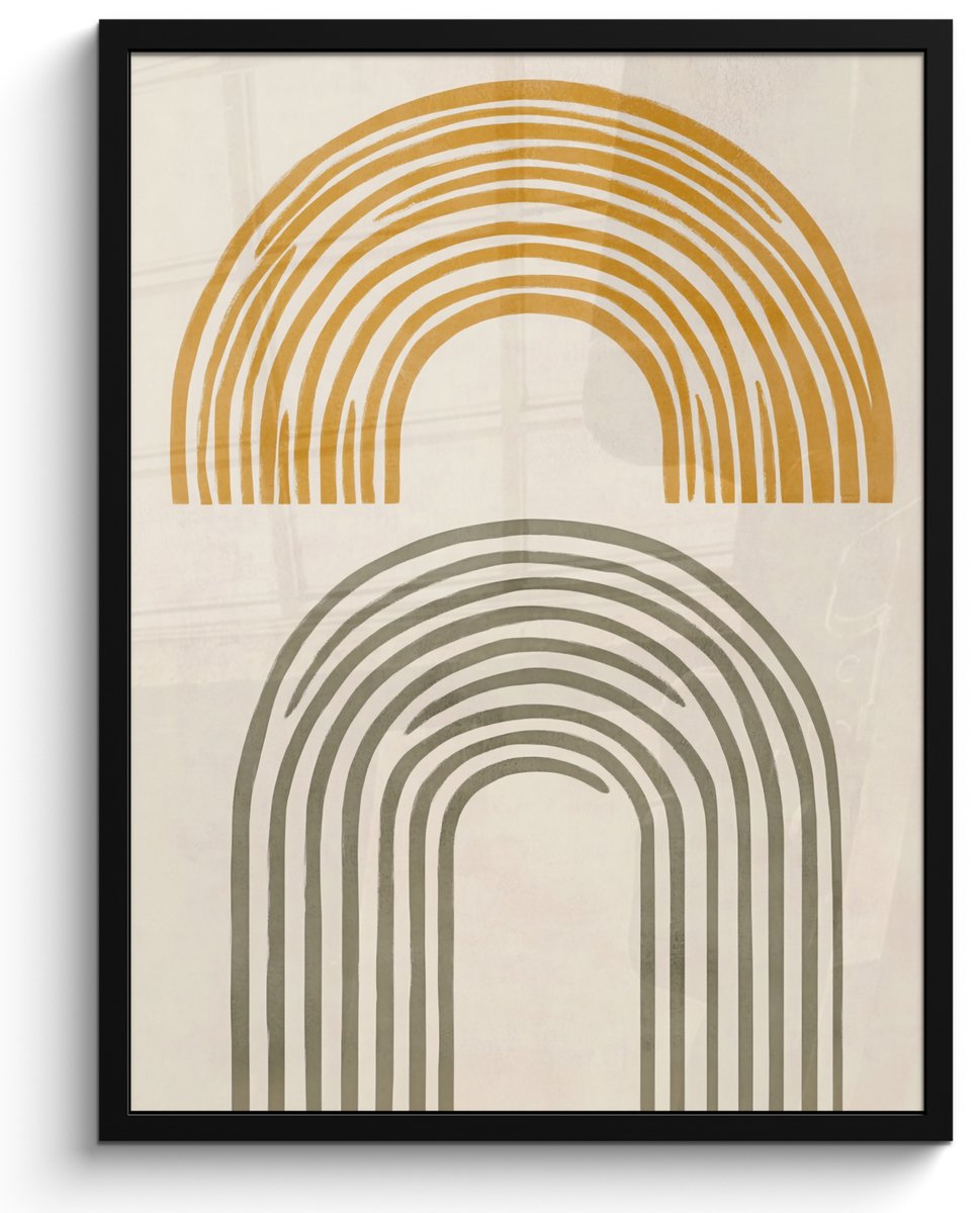 FrameYourWall Poster in lijst - Fotolijst 50x70 cm - Posters - Bogen - Lijnen - Oranje - Minimalistisch - Posterlijst zwart - Decoratie - Wanddecoratie woonkamer - Muurdecoratie slaapkamer Bogen – Organisch