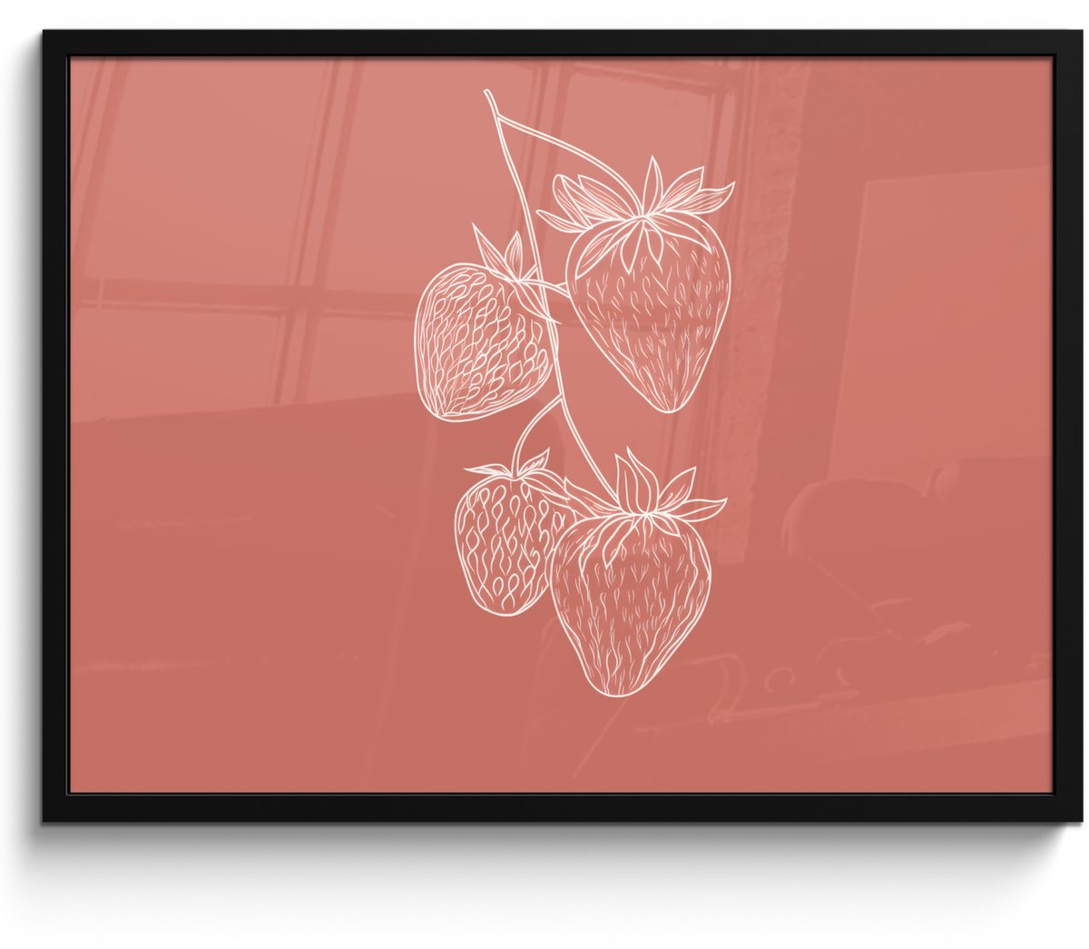 FrameYourWall Poster in lijst - Fotolijst 70x50 cm - Posters - Minimalistisch - Illustratie - Aardbei - Tak - Posterlijst zwart - Decoratie - Wanddecoratie woonkamer - Muurdecoratie slaapkamer Aardbeien