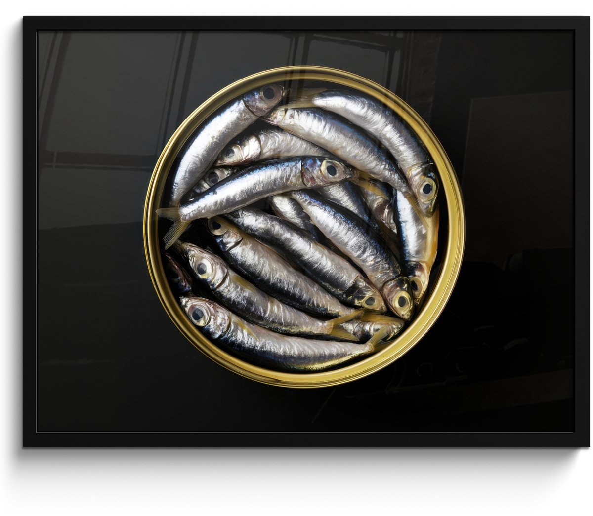 FrameYourWall Poster in lijst - Fotolijst 70x50 cm - Posters - Sardines - Vissen - Rond - Zwart - Posterlijst zwart - Decoratie - Wanddecoratie woonkamer - Muurdecoratie slaapkamer