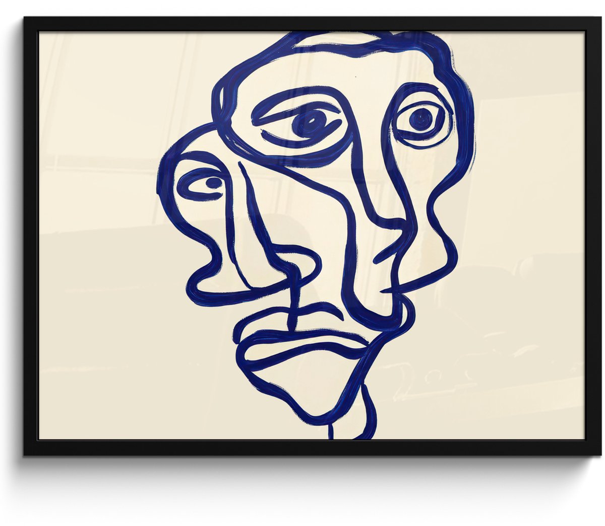 FrameYourWall Poster in lijst - Fotolijst 70x50 cm - Posters - Lijntekening - Overlappende gezichten - Donkerblauw - Posterlijst zwart - Decoratie - Wanddecoratie woonkamer - Muurdecoratie slaapkamer Overlappend - Gezichten