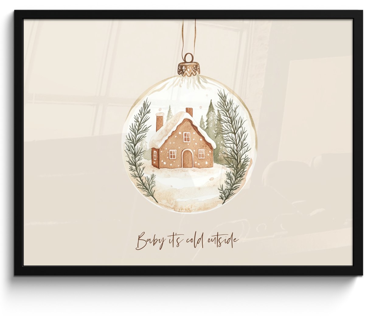 FrameYourWall Poster in lijst - Fotolijst 70x50 cm - Posters - Quote - Winter - Kerst - Beige - Kerstbal - Posterlijst zwart - Decoratie - Wanddecoratie woonkamer - Kerstdecoratie voor binnen - Kerstversiering - Kerstmis versiering in huis - Kerstaccessoires
