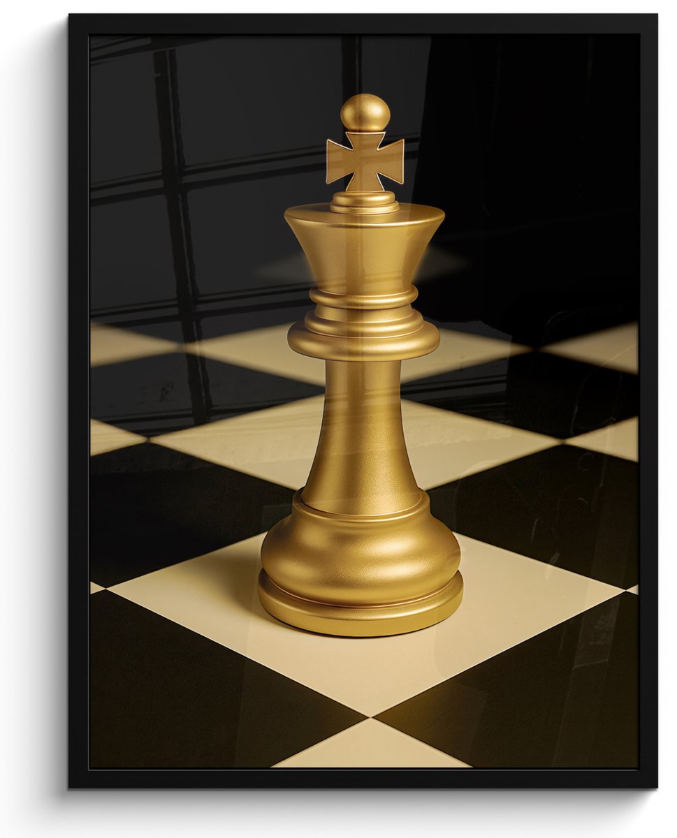 FrameYourWall Poster in lijst - Fotolijst 50x70 cm - Posters - Schaakstuk - Koning - Schaakbord - Geblokt - Posterlijst zwart - Decoratie - Wanddecoratie woonkamer - Muurdecoratie slaapkamer Schaakbord - Koning