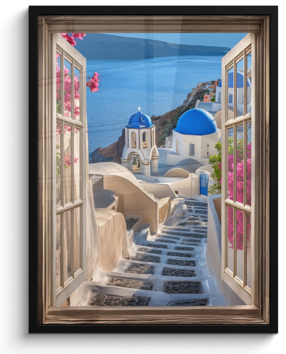 FrameYourWall Poster in lijst - Fotolijst 50x70 cm - Posters - Doorkijk - Santorini - Landschap - Blauw - Grieks - Posterlijst zwart - Decoratie - Wanddecoratie woonkamer - Muurdecoratie slaapkamer