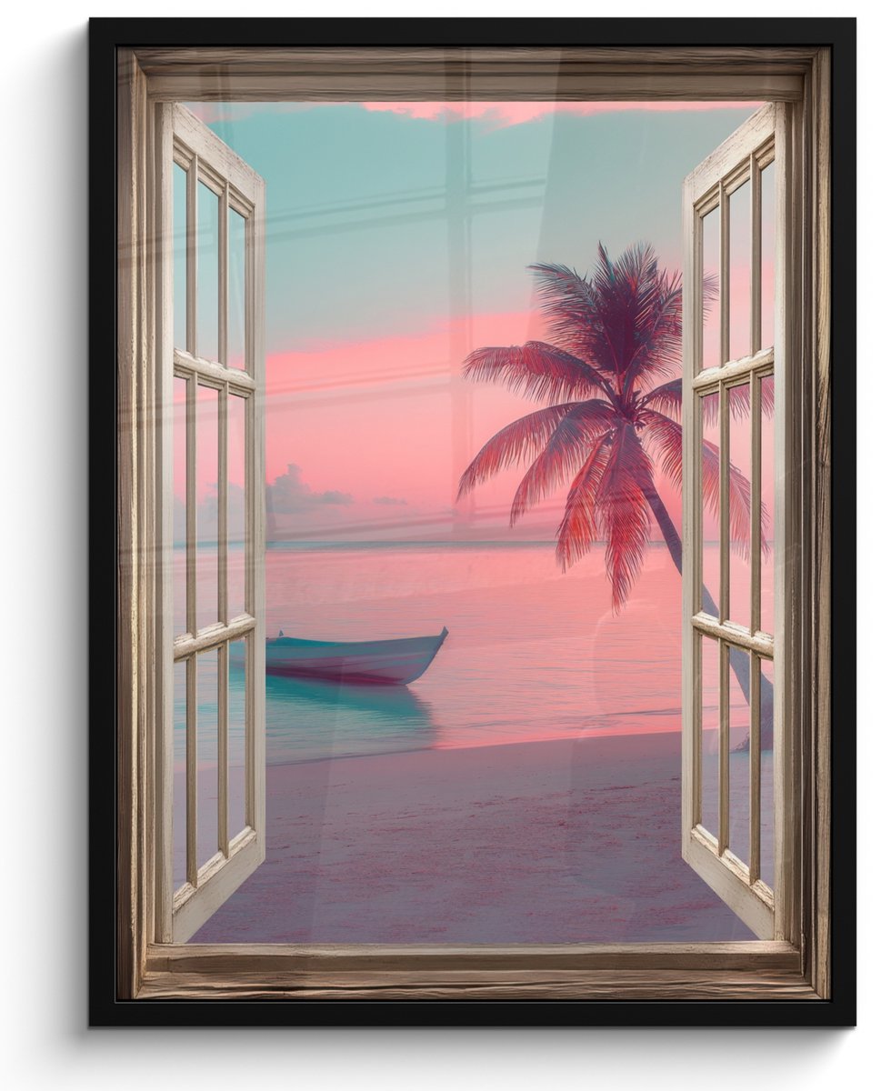FrameYourWall Poster in lijst - Fotolijst 50x70 cm - Posters - Doorkijk - Strand - Palmboom - Tropisch - Posterlijst zwart - Decoratie - Wanddecoratie woonkamer - Muurdecoratie slaapkamer