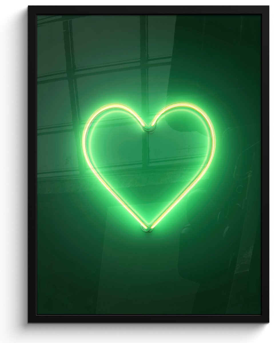 FrameYourWall Poster in lijst - Fotolijst 50x70 cm - Posters - Neon - Groen - Licht - Posterlijst zwart - Decoratie - Wanddecoratie woonkamer - Muurdecoratie slaapkamer Neon - Hartje