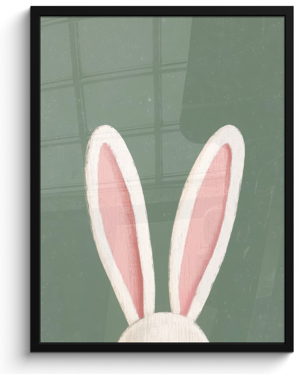 FrameYourWall Poster in lijst - Fotolijst 50x70 cm - Posters - Hazen - Oren - Roze - Posterlijst zwart - Decoratie - Wanddecoratie woonkamer - Muurdecoratie slaapkamer Oren - Paashaas