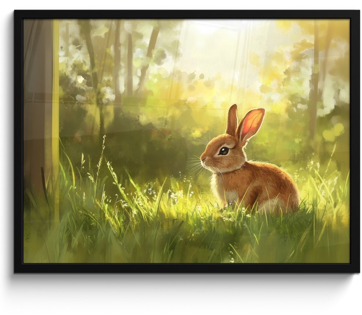 FrameYourWall Poster in lijst - Fotolijst 70x50 cm - Posters - Konijn - Zonlicht - Bos - Posterlijst zwart - Decoratie - Wanddecoratie woonkamer - Muurdecoratie slaapkamer
