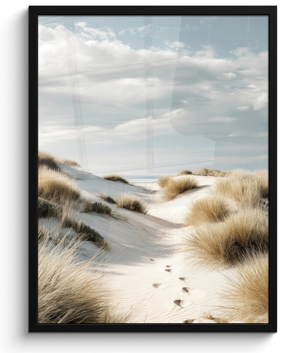 FrameYourWall Poster in lijst - Fotolijst 50x70 cm - Posters - Duinen - Gras - Sporen - Wolken - Posterlijst zwart - Decoratie - Wanddecoratie woonkamer - Muurdecoratie slaapkamer Duinen - Wolken