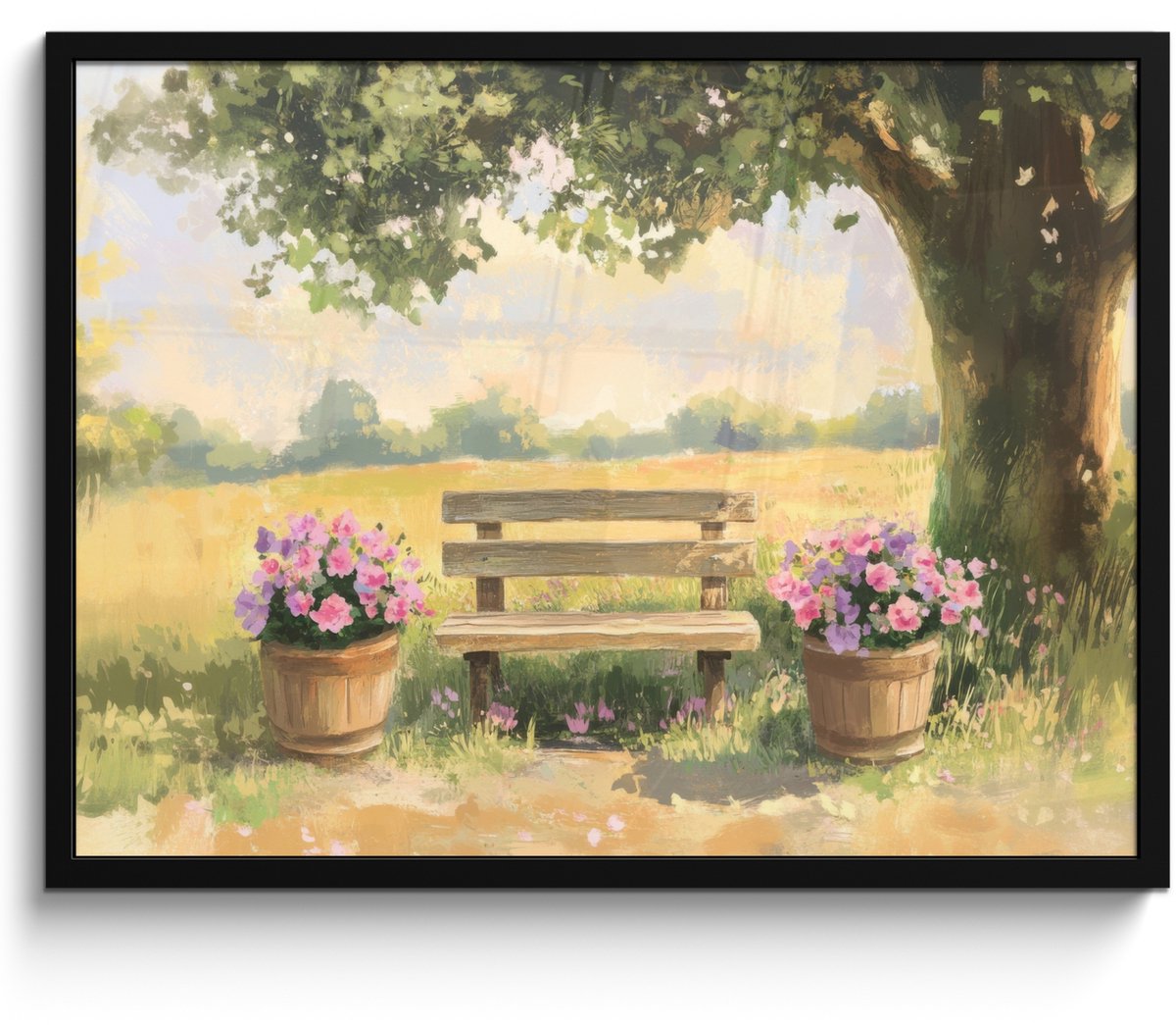 FrameYourWall Poster in lijst - Fotolijst 70x50 cm - Posters - Houten bankje - Bloempotten - Landschap - Posterlijst zwart - Decoratie - Wanddecoratie woonkamer - Muurdecoratie slaapkamer Landschap - Houten bankje