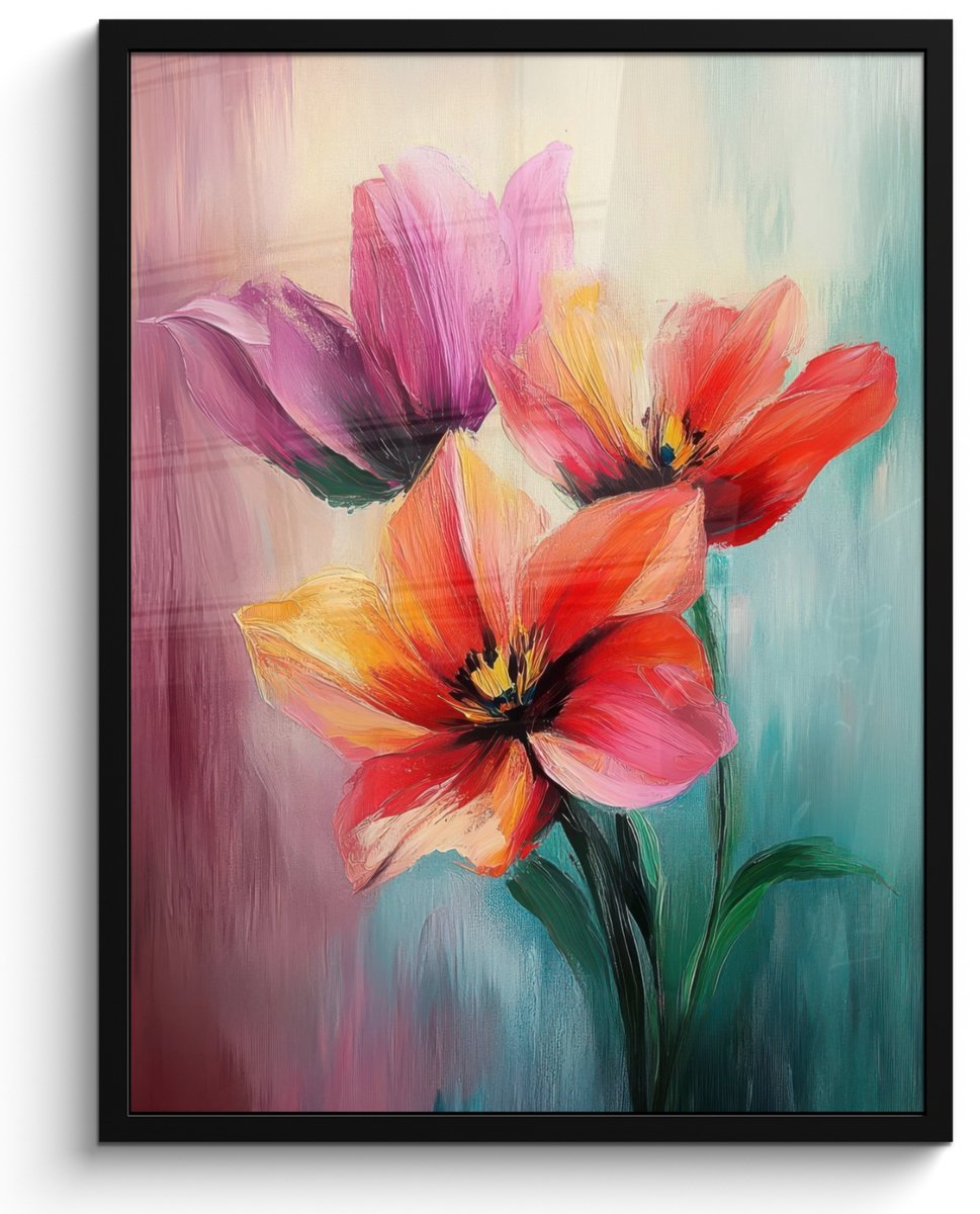 FrameYourWall Poster in lijst - Fotolijst 50x70 cm - Posters - Tulpen - Lichtreflecties - Kleurverloop - Posterlijst zwart - Decoratie - Wanddecoratie woonkamer - Muurdecoratie slaapkamer Tulpen - Kleurrijk