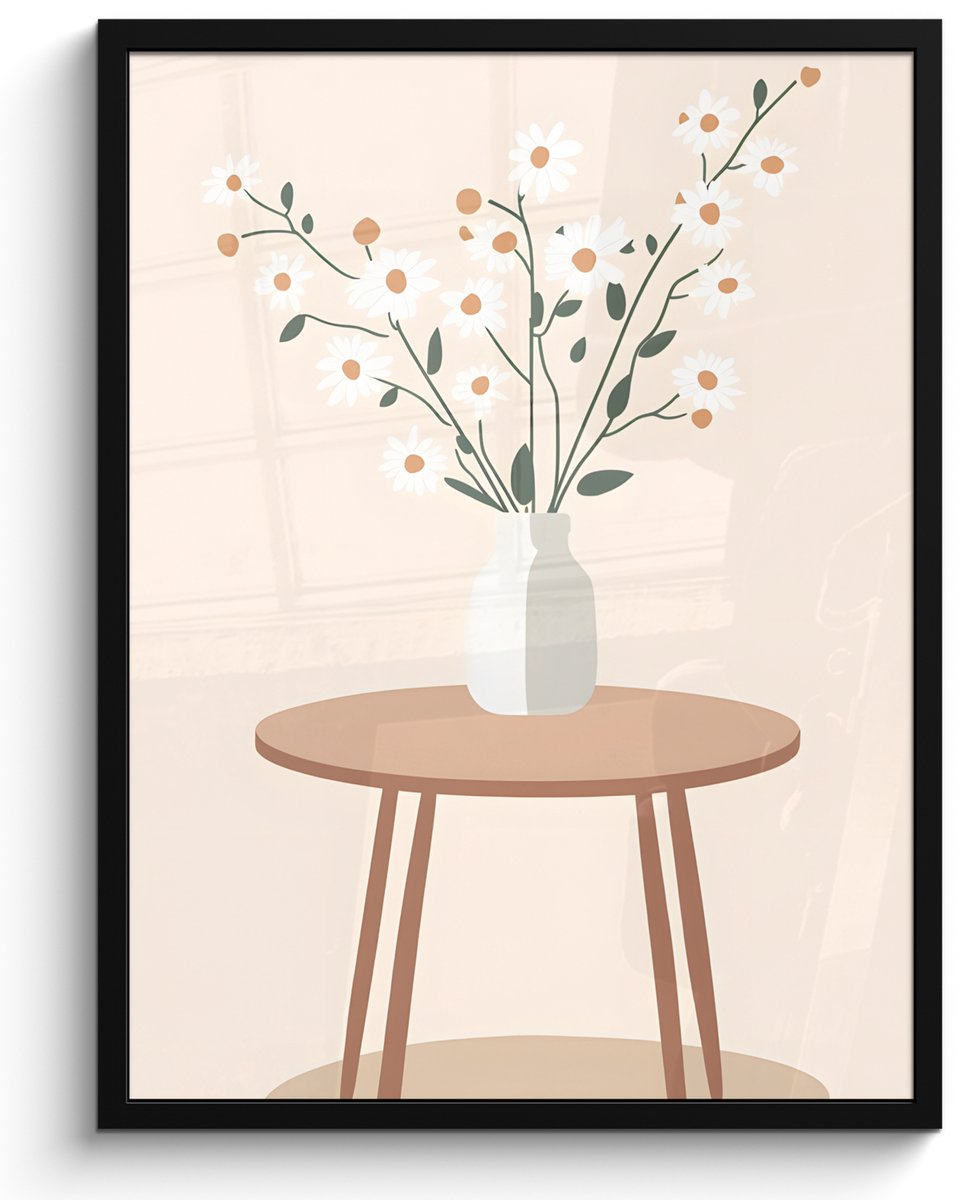 FrameYourWall Poster in lijst - Fotolijst 50x70 cm - Posters - Vaas - Bloemen - Madeliefjes - Beige - Posterlijst zwart - Decoratie - Wanddecoratie woonkamer - Muurdecoratie slaapkamer Tafeltje - Bloemen