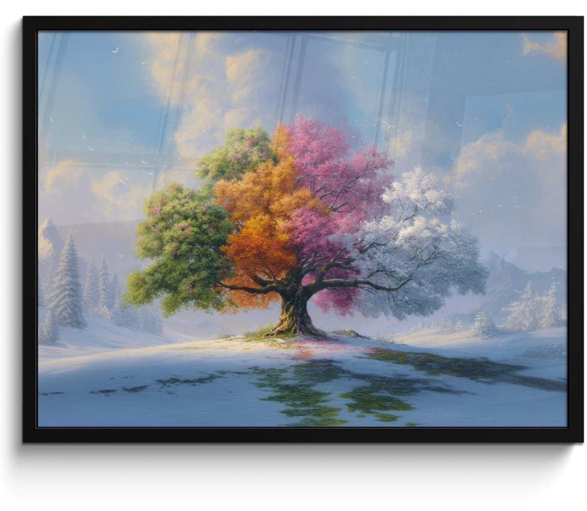 FrameYourWall Poster in lijst - Fotolijst 70x50 cm - Posters - Boom - Seizoenen - Winter - Landschap - Posterlijst zwart - Decoratie - Wanddecoratie woonkamer - Muurdecoratie slaapkamer