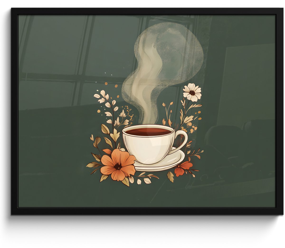 FrameYourWall Poster in lijst - Fotolijst 70x50 cm - Posters - Kop - Bloemen - Groen - Koffie - Posterlijst zwart - Decoratie - Wanddecoratie woonkamer - Muurdecoratie slaapkamer Koffie - Bloemen