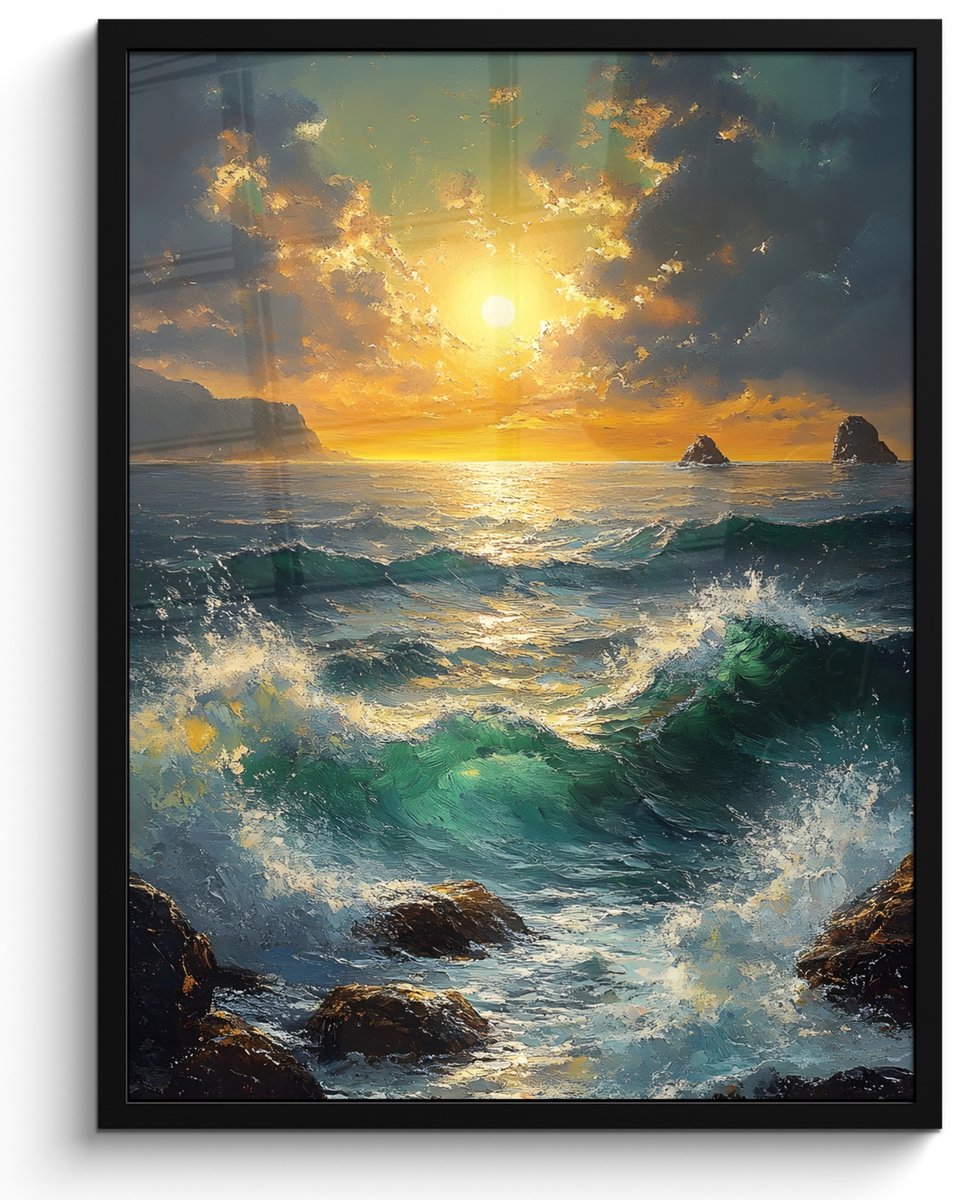 FrameYourWall Poster in lijst - Fotolijst 50x70 cm - Posters - Zee - Zon - Golven - Rotsen - Posterlijst zwart - Decoratie - Wanddecoratie woonkamer - Muurdecoratie slaapkamer