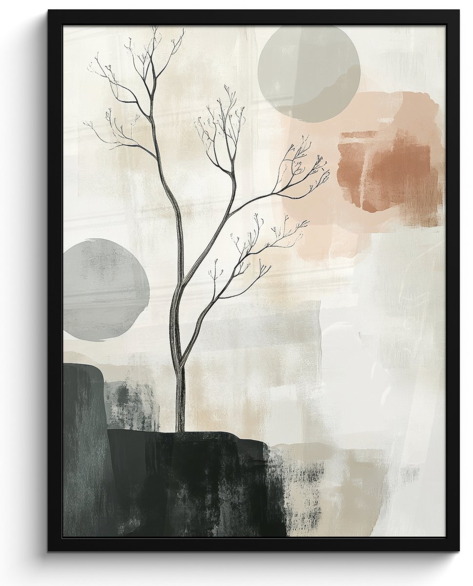 FrameYourWall Poster in lijst - Fotolijst 50x70 cm - Posters - Wabi sabi - Beige - Plant - Posterlijst zwart - Decoratie - Wanddecoratie woonkamer - Muurdecoratie slaapkamer Japandi - Natuur