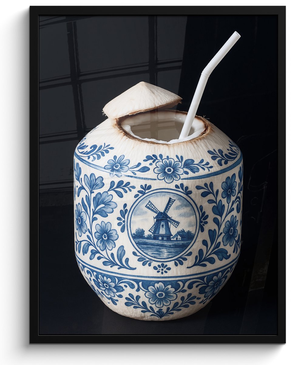 FrameYourWall Poster in lijst - Fotolijst 50x70 cm - Posters - Kokosnoot - Eten - Delfts blauw - Drinken - Posterlijst zwart - Decoratie - Wanddecoratie woonkamer - Muurdecoratie slaapkamer