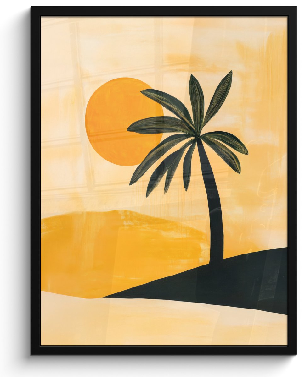 FrameYourWall Poster in lijst - Fotolijst 50x70 cm - Posters - Illustratie - Palmboom - Zon - Heuvels - Posterlijst zwart - Decoratie - Wanddecoratie woonkamer - Muurdecoratie slaapkamer