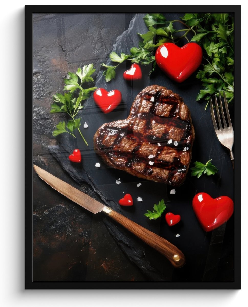 FrameYourWall Poster in lijst - Fotolijst 50x70 cm - Posters - Steak - Hart - Bestek - Posterlijst zwart - Decoratie - Wanddecoratie woonkamer - Muurdecoratie slaapkamer