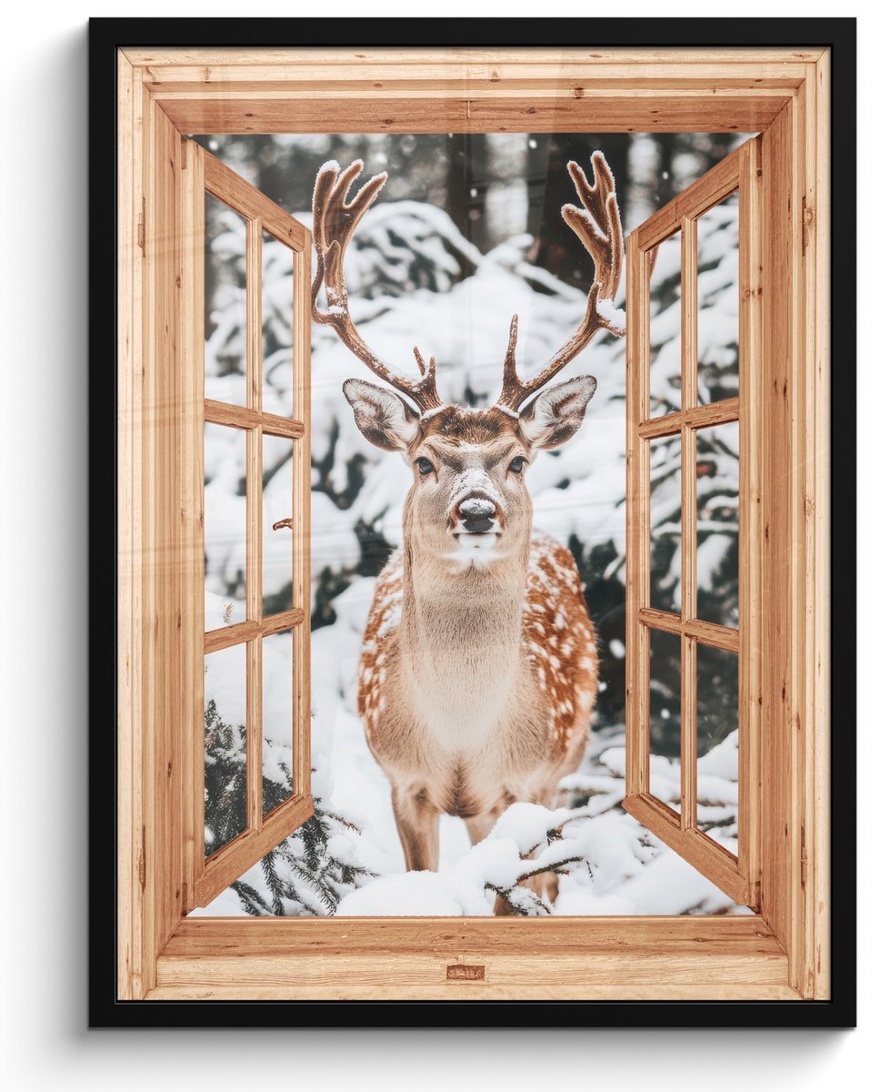 FrameYourWall Poster in lijst - Fotolijst 50x70 cm - Posters - Doorkijk - Hert - Sneeuw - Winter - Bos - Dieren - Posterlijst zwart - Decoratie - Wanddecoratie woonkamer - Muurdecoratie slaapkamer