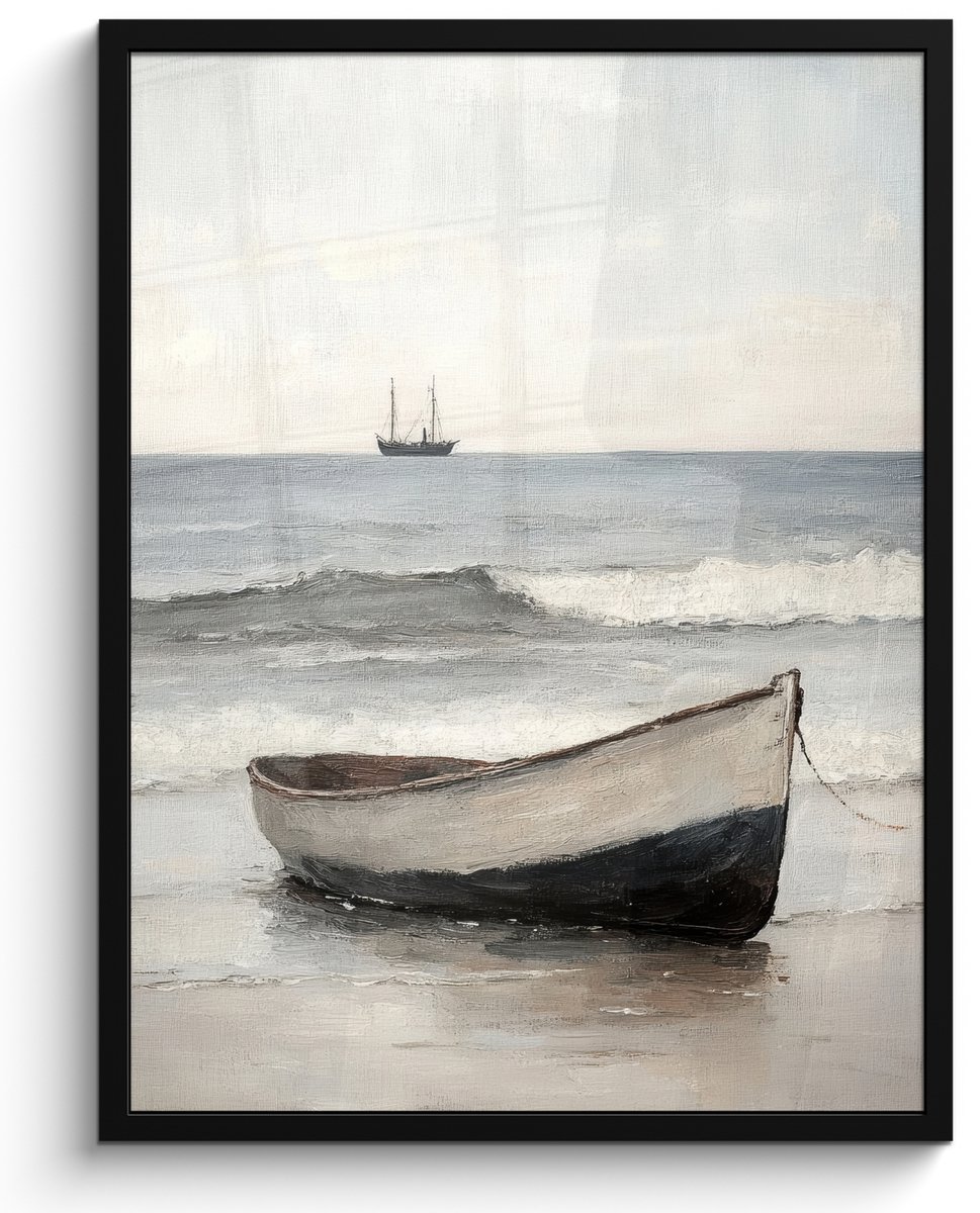 FrameYourWall Poster in lijst - Fotolijst 50x70 cm - Posters - Roeiboot - Zee - Horizon - Posterlijst zwart - Decoratie - Wanddecoratie woonkamer - Muurdecoratie slaapkamer