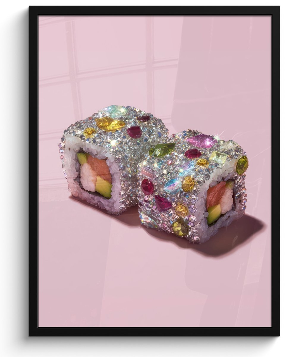 FrameYourWall Poster in lijst - Fotolijst 50x70 cm - Posters - Sushi - Rolletjes - Steentjes - Kleurrijk - Posterlijst zwart - Decoratie - Wanddecoratie woonkamer - Muurdecoratie slaapkamer Sushi - Steentjes - Kleurrijk