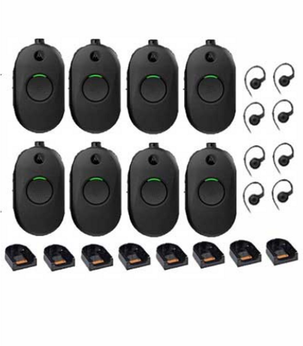 Set van 8 Motorola CLP446E Mini Portofoons met oortje en tafelladers
