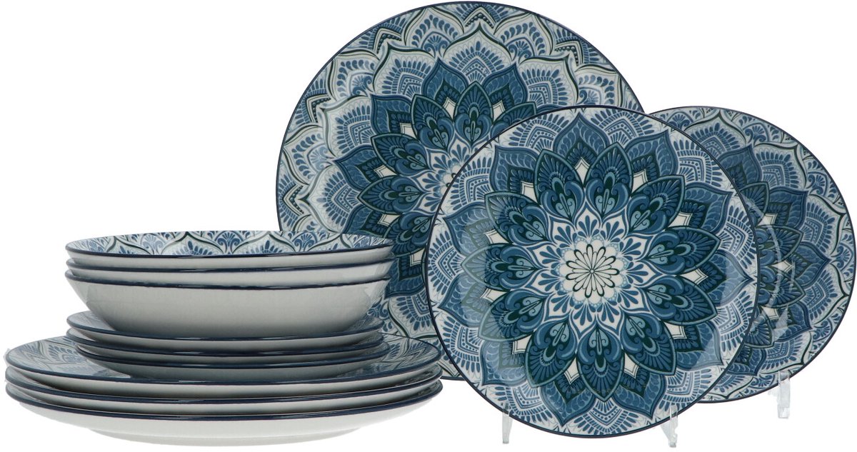 Luzzo® Mandala Serviesset 4 persoons 12-delig porselein - Blauw