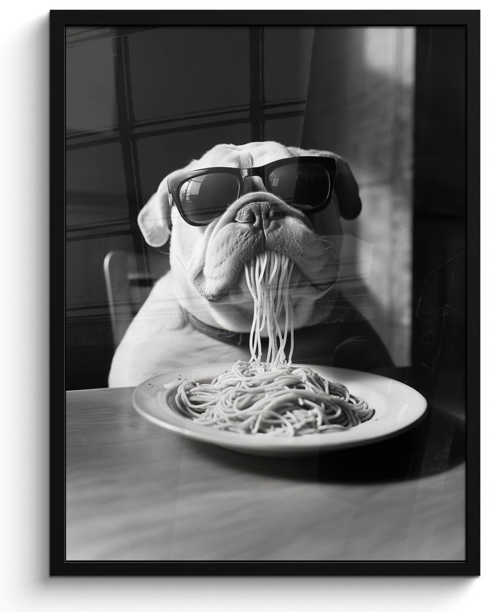 FrameYourWall Poster in lijst - Fotolijst 50x70 cm - Posters - Hond - Bulldog - Pasta - Bril - Stoer - Dieren - Posterlijst zwart - Decoratie - Wanddecoratie woonkamer - Muurdecoratie slaapkamer