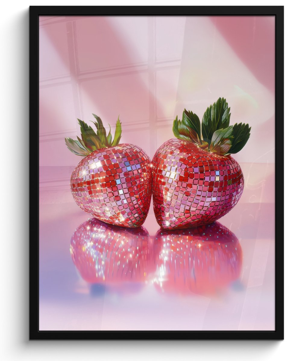 FrameYourWall Fotolijst inclusief poster - Posterlijst 50x70 cm - Posters - Disco - Fruit - Glitter - Strawberry - Foto in lijst - Keuken decoratie muur - Wanddecoratie accessoires - Muurdecoratie - Schilderijen Disco - Aardbeien
