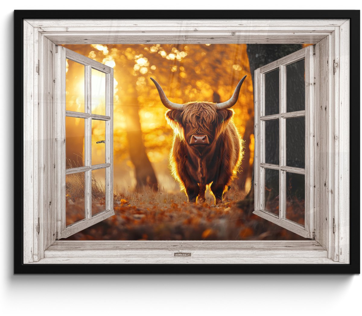 FrameYourWall Poster in lijst - Fotolijst 70x50 cm - Posters - Schotse hooglander - Bos - Herfst - Dieren - Natuur - Bladeren - Doorkijk - Posterlijst zwart - Decoratie - Wanddecoratie woonkamer - Muurdecoratie slaapkamer