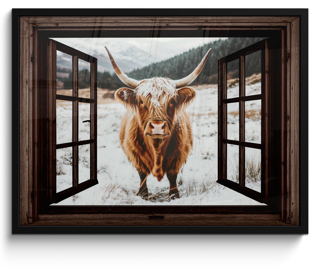 FrameYourWall Poster in lijst - Fotolijst 70x50 cm - Posters - Schotse Hooglander - Landschap - Landelijk - Bergen - Winter - Doorkijk - Donker - Posterlijst zwart - Decoratie - Wanddecoratie woonkamer - Muurdecoratie slaapkamer