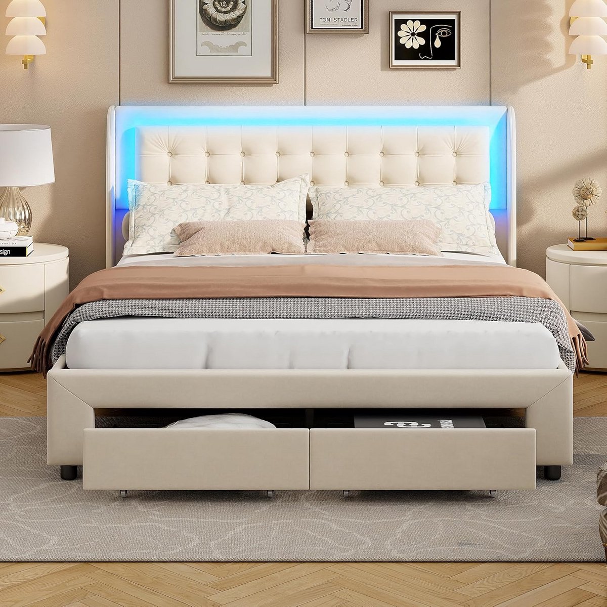 Tweepersoons Bed met Opbergruimte en LED Verlichting, 180x200, Gestoffeerd Beige
